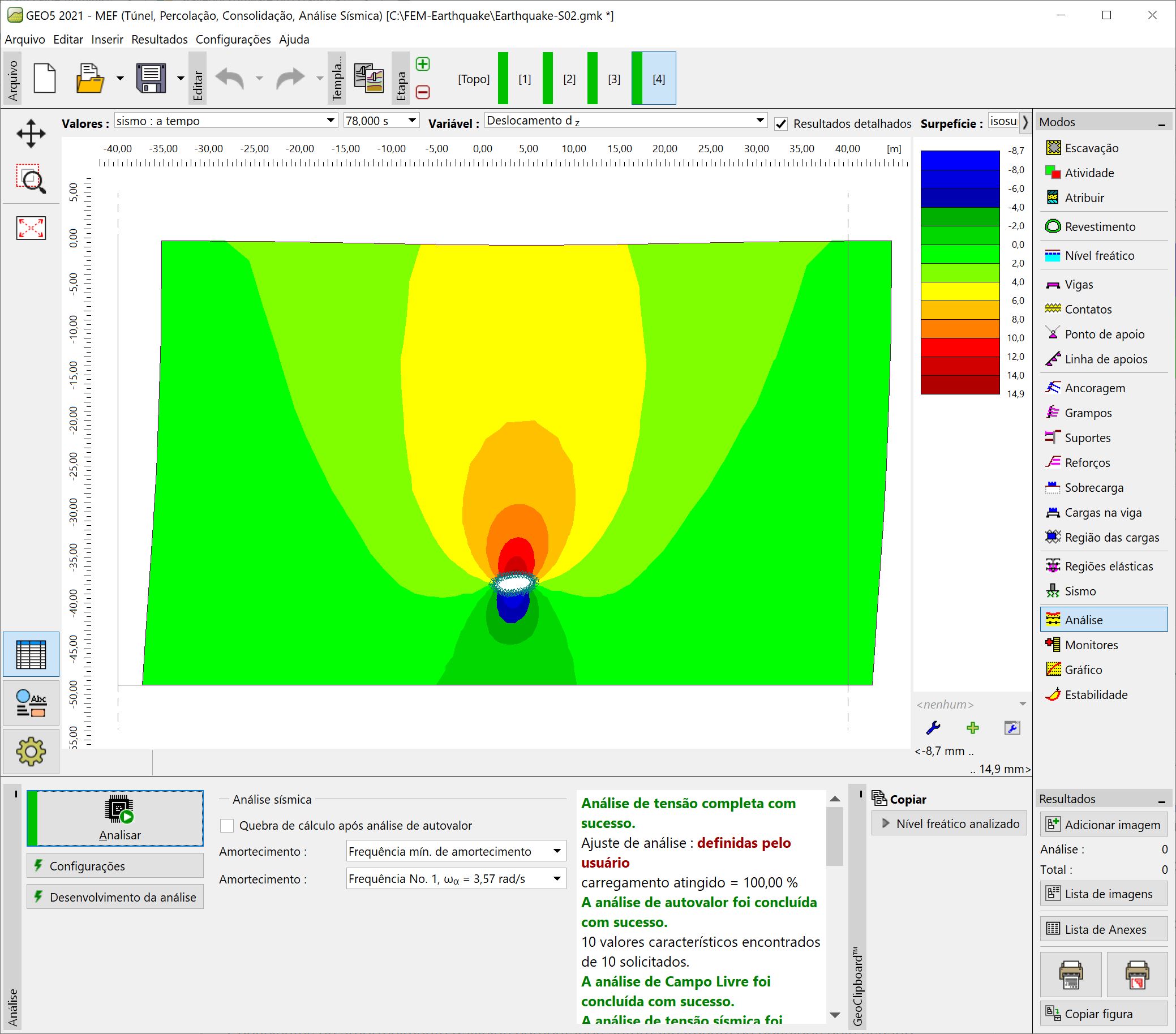 Análise sísmica de talude no GEO5 MEF com mapa de tensões